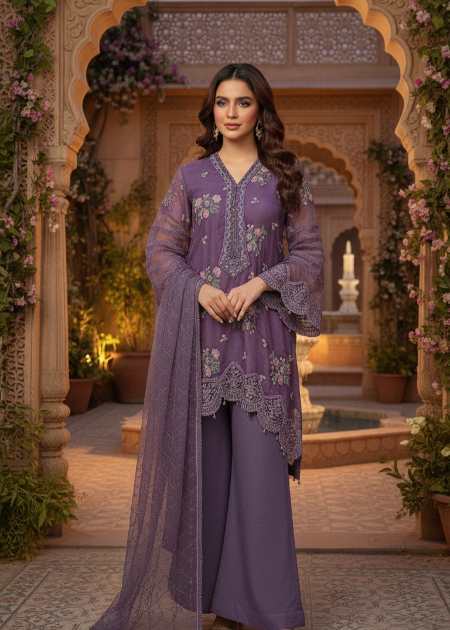MMG Garments INAYAH|ORGANZA NET EMB KURTA SET PURPLE MMG 796 Women 3pcs