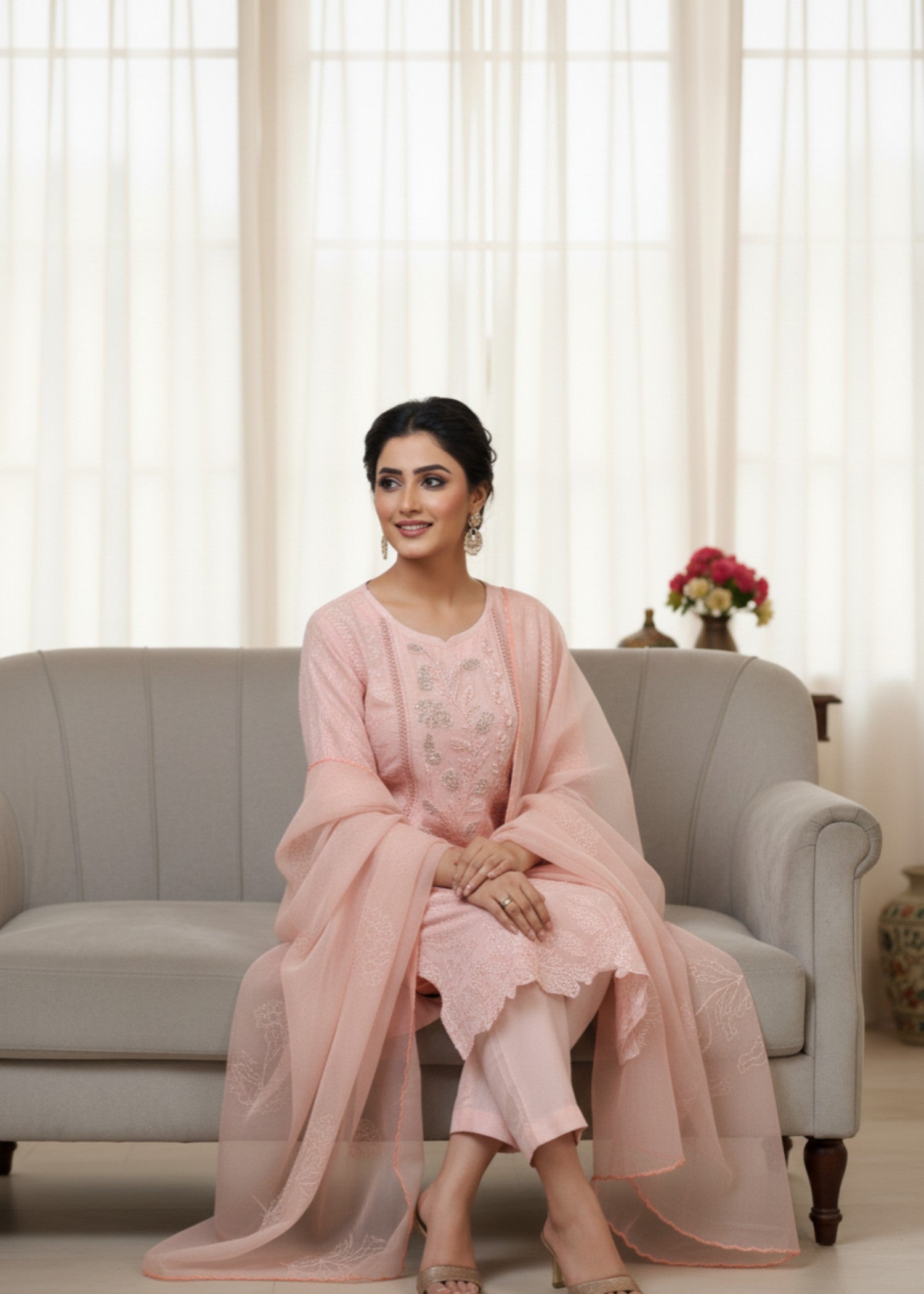 MMG Garments AFSHEEN CUTWORK HANDCRAFTED EMBROIDERED KURTA SET PEACH PINK MMG 1082 Women 3pcs