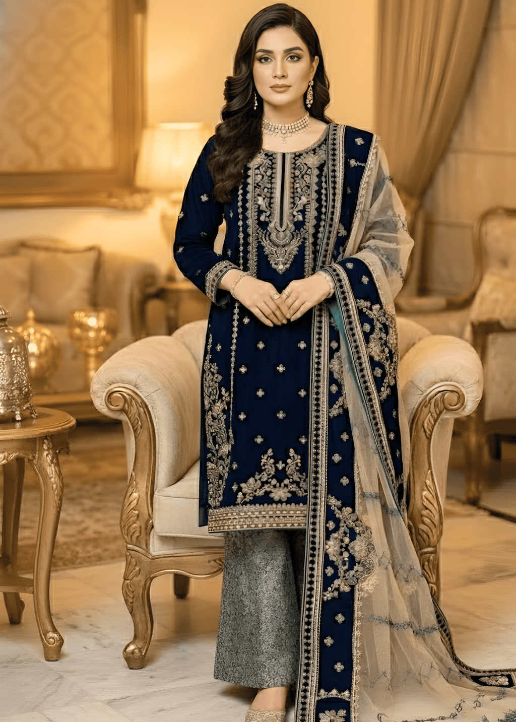 Sutar Royal Navy Embroidered Velvet Ensemble with Net Dupatta & Jamawar Bottoms Women 3pcs