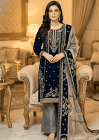 Sutar Royal Navy Embroidered Velvet Ensemble with Net Dupatta & Jamawar Bottoms Women 3pcs