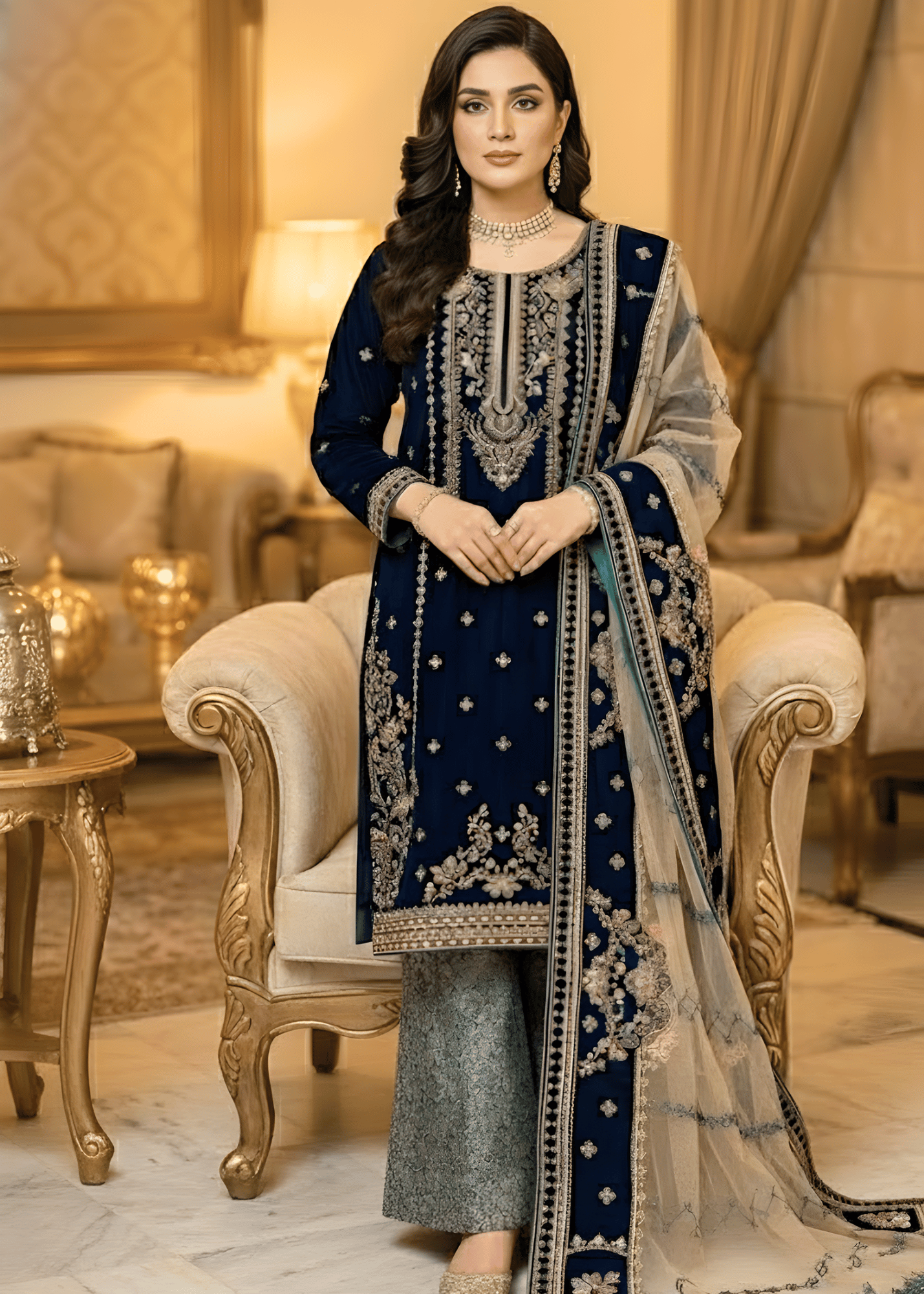 Sutar Royal Navy Embroidered Velvet Ensemble with Net Dupatta & Jamawar Bottoms Women 3pcs