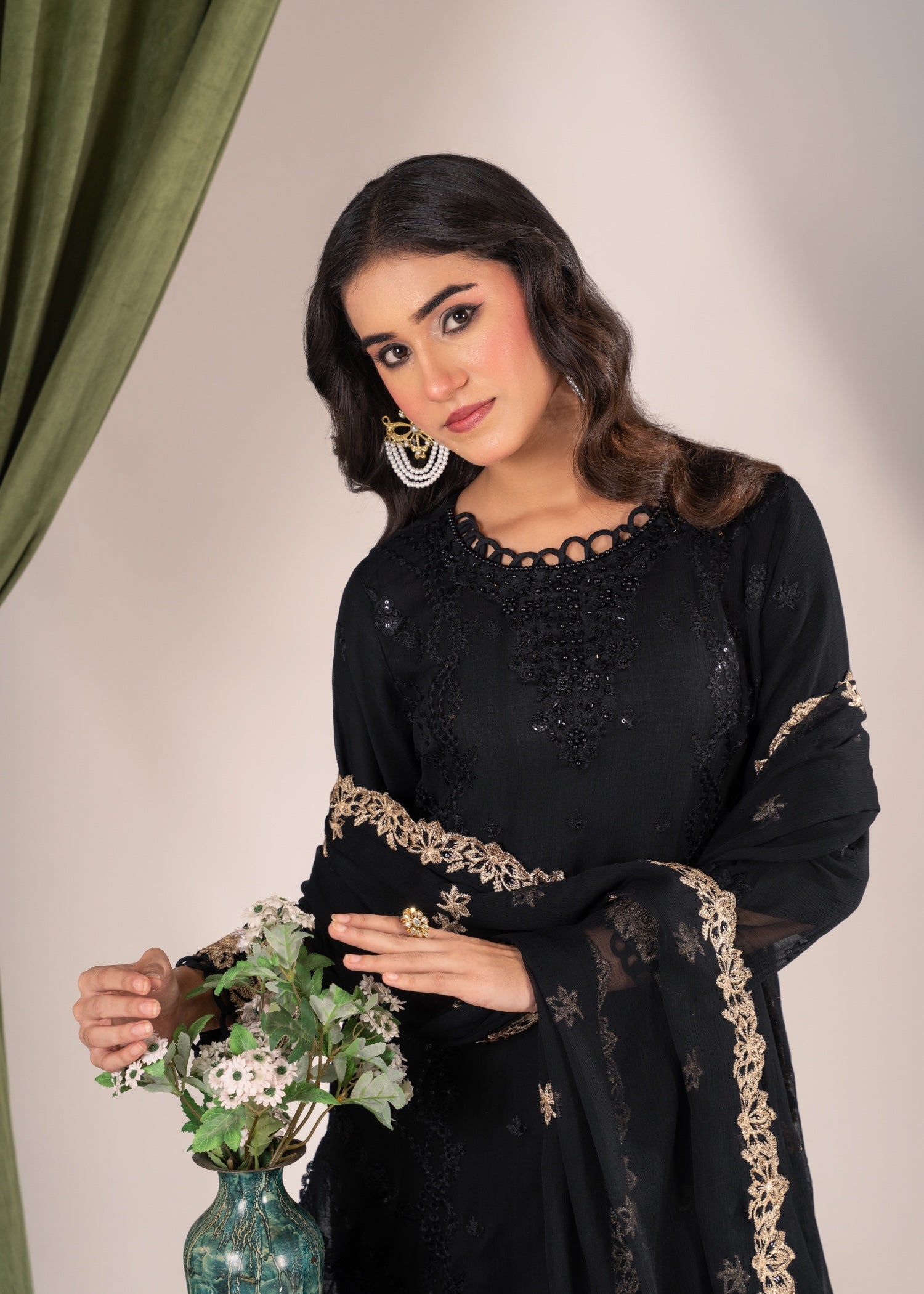 Pehnawa Fashion Crinkle Chiffon Black Women 3pcs