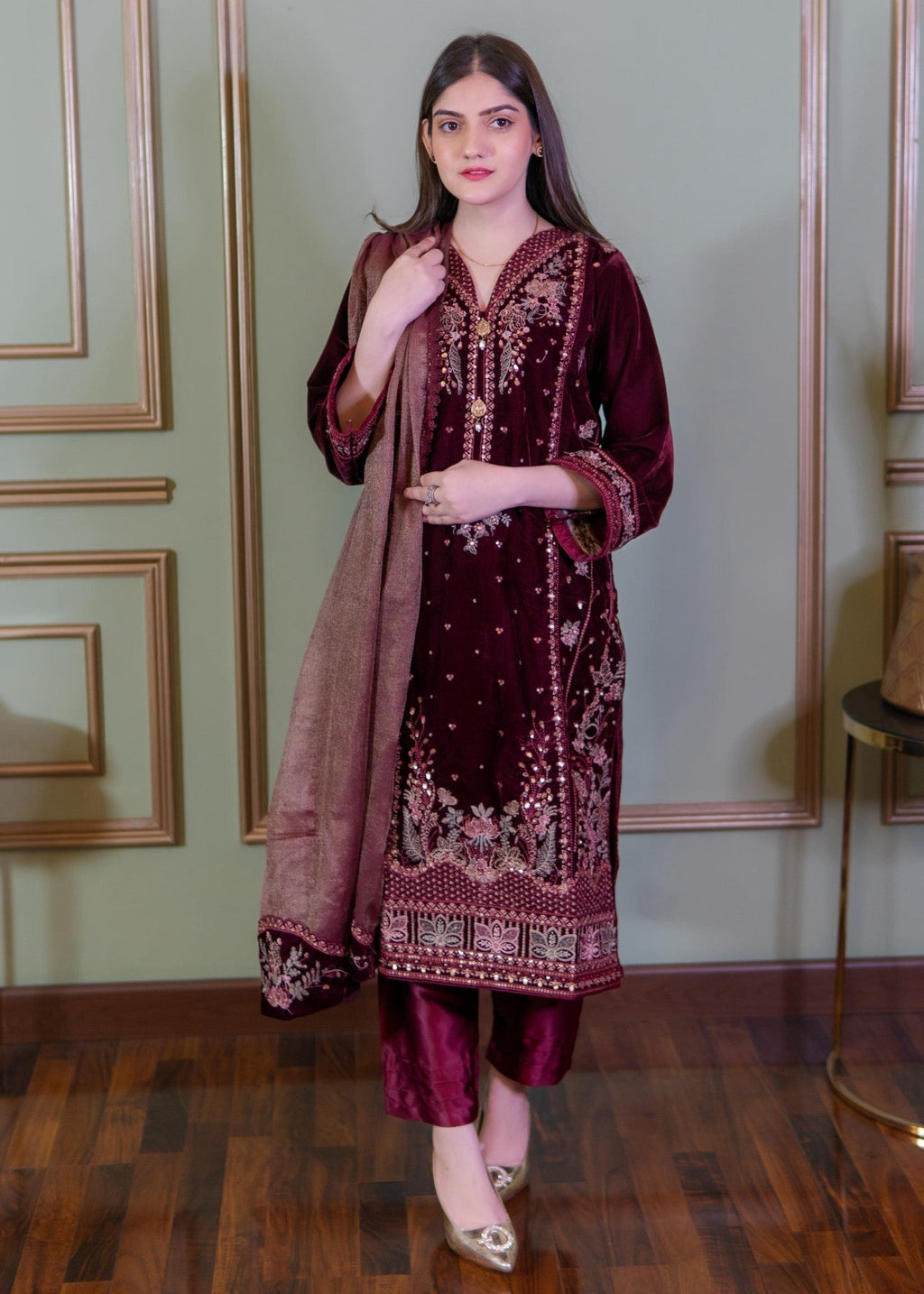 Rangoon Clothing Roshana Maroon Velvetine Women 3pcs