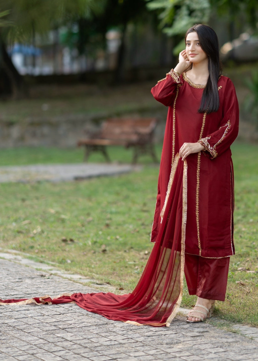 Suits By Sadia Maroon chiffon decent Women 3pcs