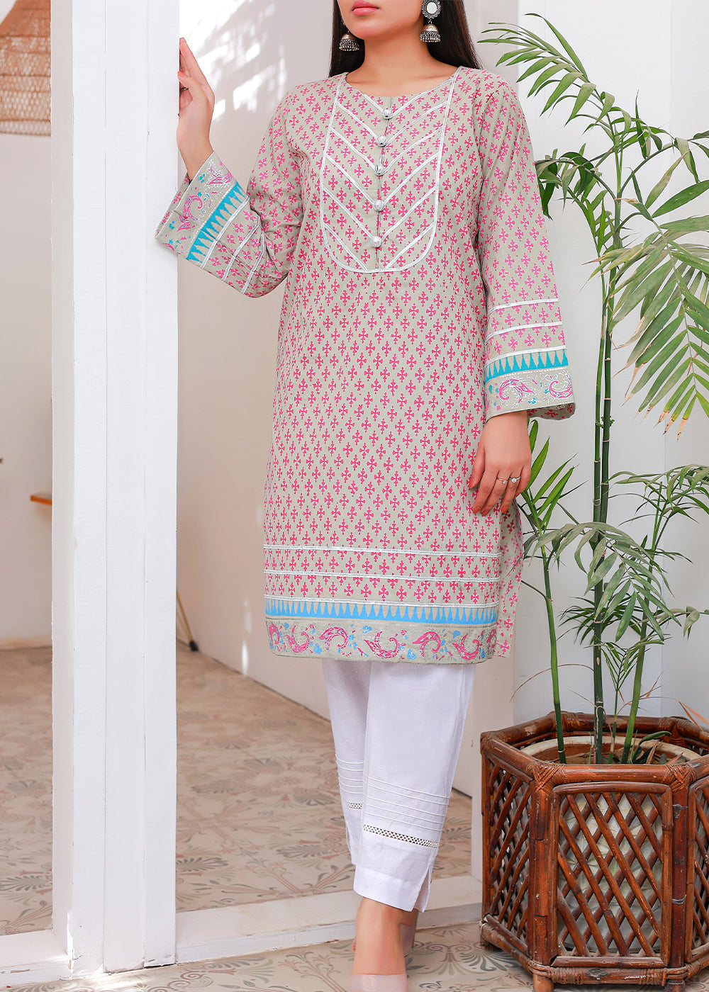 Green Block print Kurti Stitched Ash grey Women 1pcs