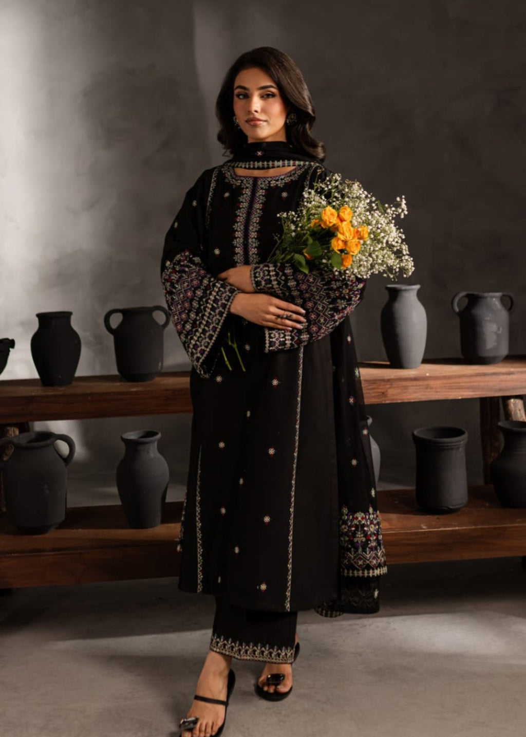 Shehroz Fashion Black Orchid lawn embroidery suit Women 3pcs