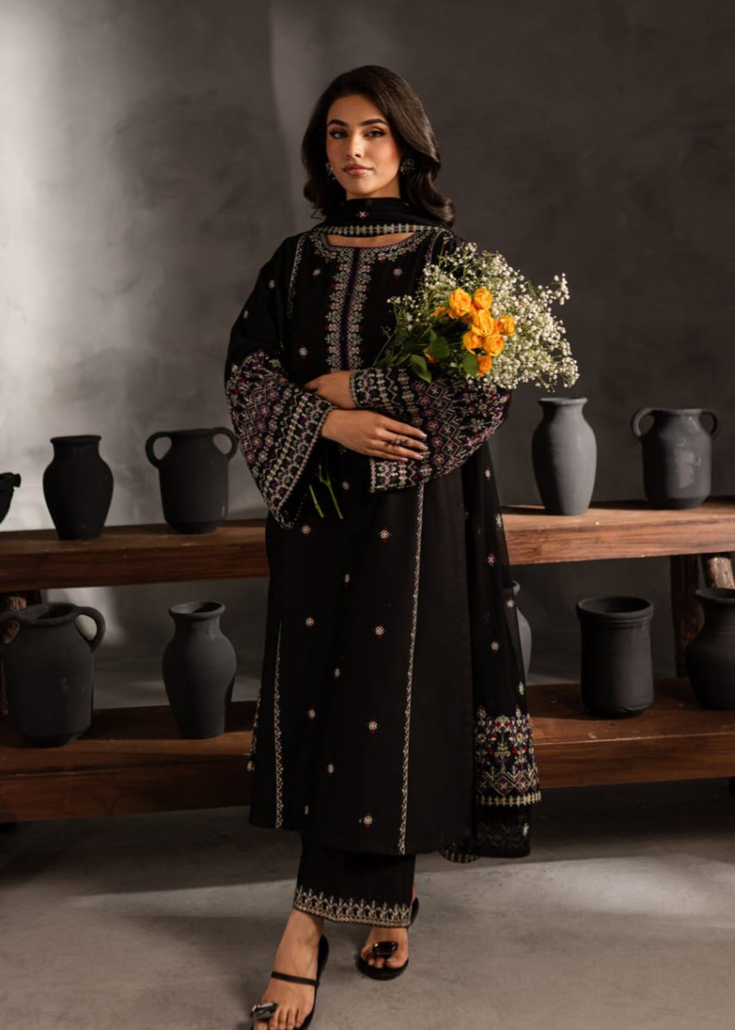 Shehroz Fashion Black Orchid lawn embroidery suit Women 3pcs