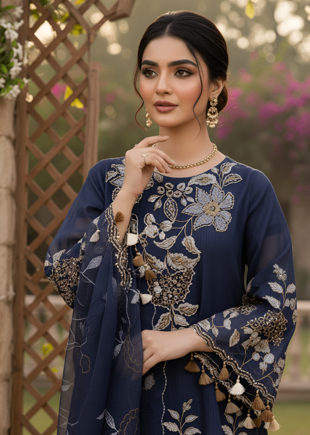 MMG Garments NURA| LINING ORGANZA EMB FROCK DARK BLUE MMG 745 Women 3pcs