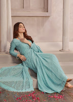 Luxeurs Ice blue Stitched Chiffon Saree Women 3pcs