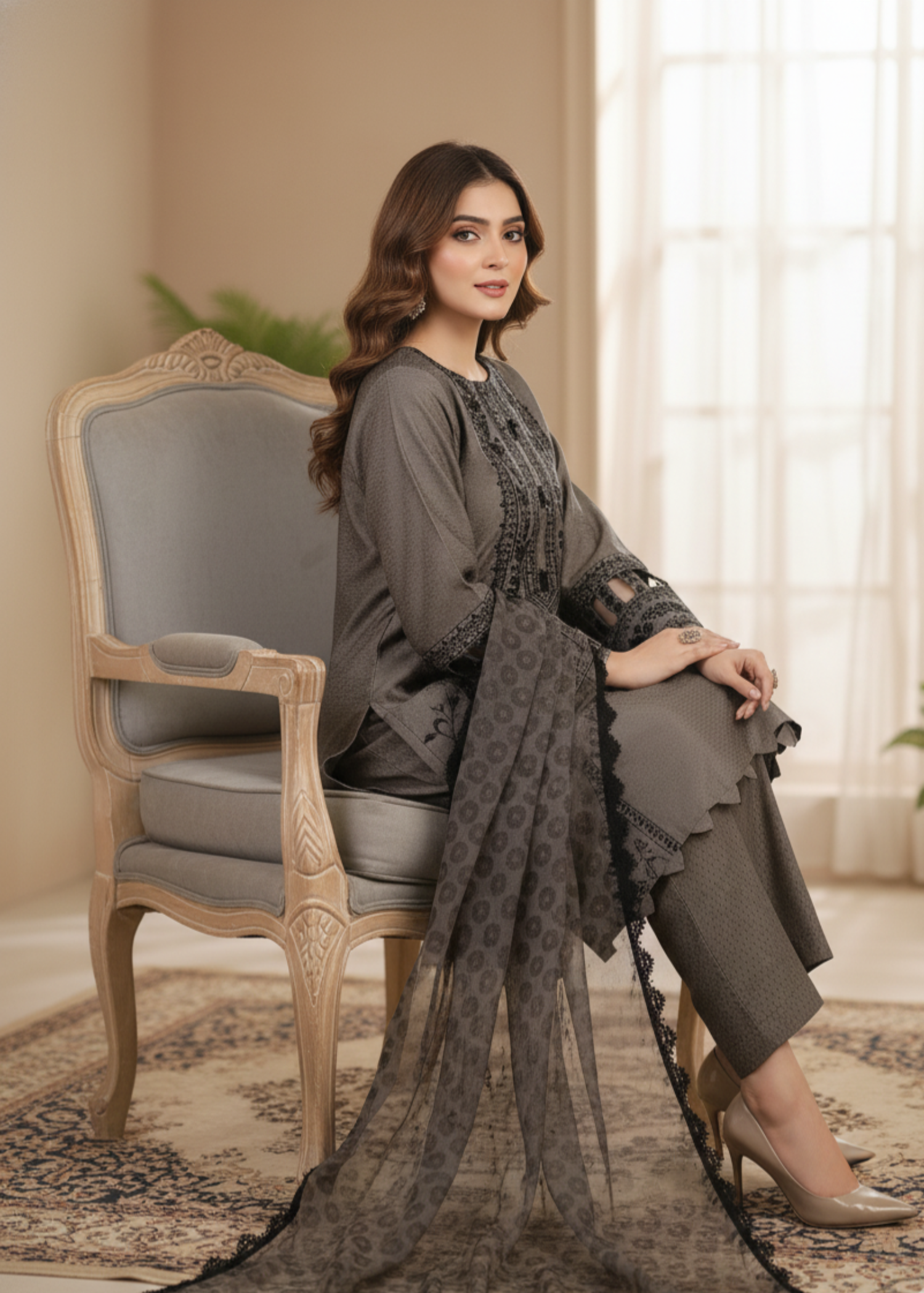MMG Garments AGOSH GLAMOUR| EMBROIDERED KURTA SET GREY MMG 963 Women 3pcs