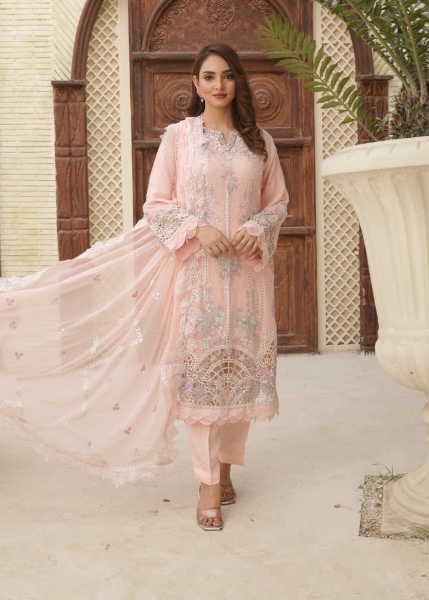 Designer Rack chiffon luxury embraided pink Women 3pcs