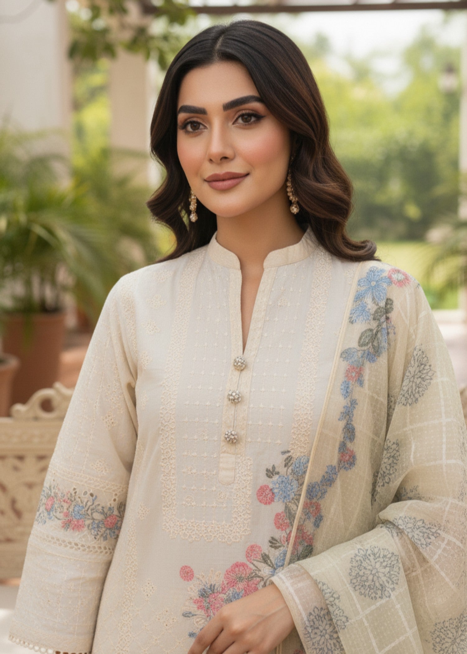 MMG Garments ANAYA| CHIKANKARI EMBROIDERED KURTA SET CREAM MMG 970 Women 3pcs