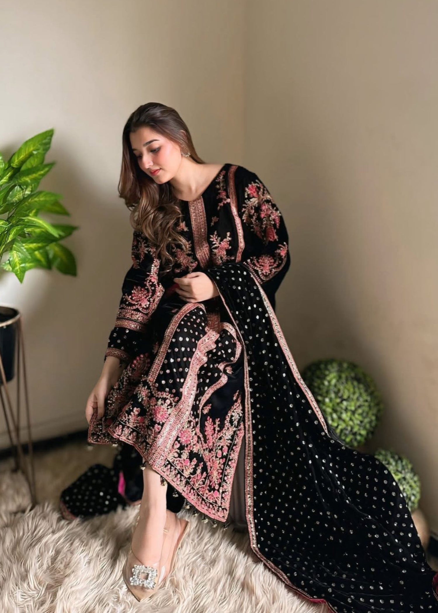 Suits By Sadia Velvet pink black Women 3pcs
