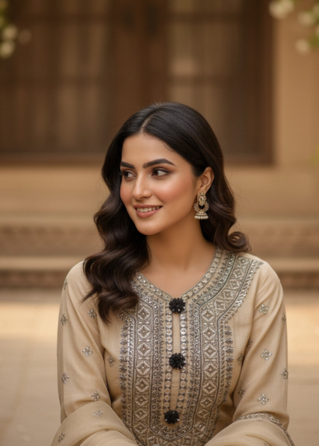 MMG Garments BALOCHI GRACE|CHIFFON EMBROIDERED PISHWAS CREAM MMG 1097 Women 3pcs