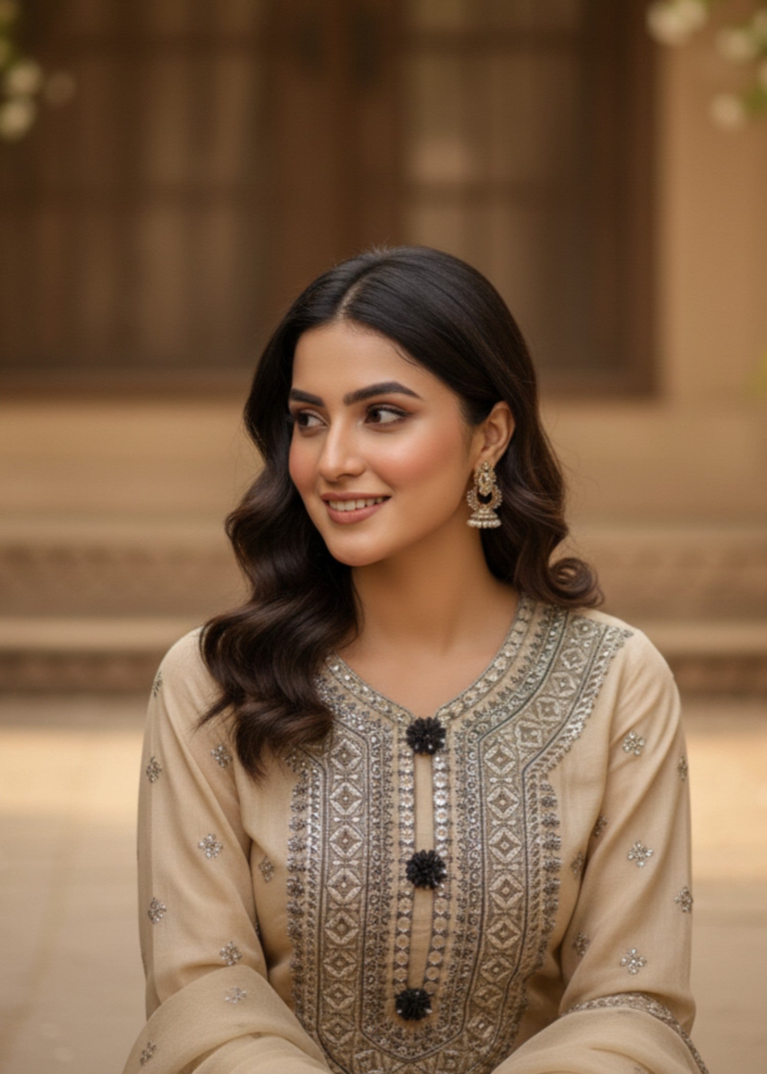 MMG Garments BALOCHI GRACE|CHIFFON EMBROIDERED PISHWAS CREAM MMG 1097 Women 3pcs