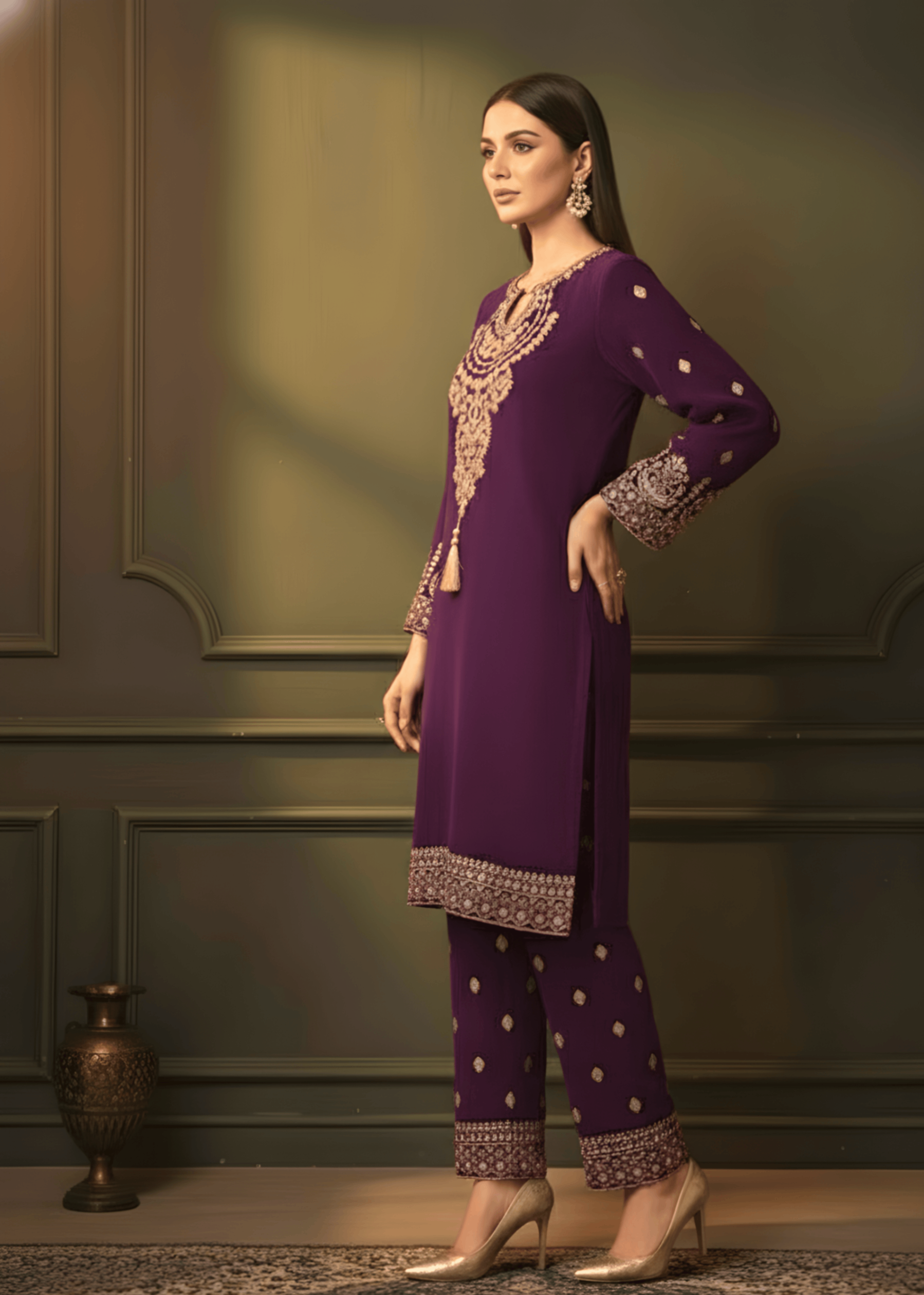 Sutar Purple Velvet Luxe Embroidered Set Women 2pcs