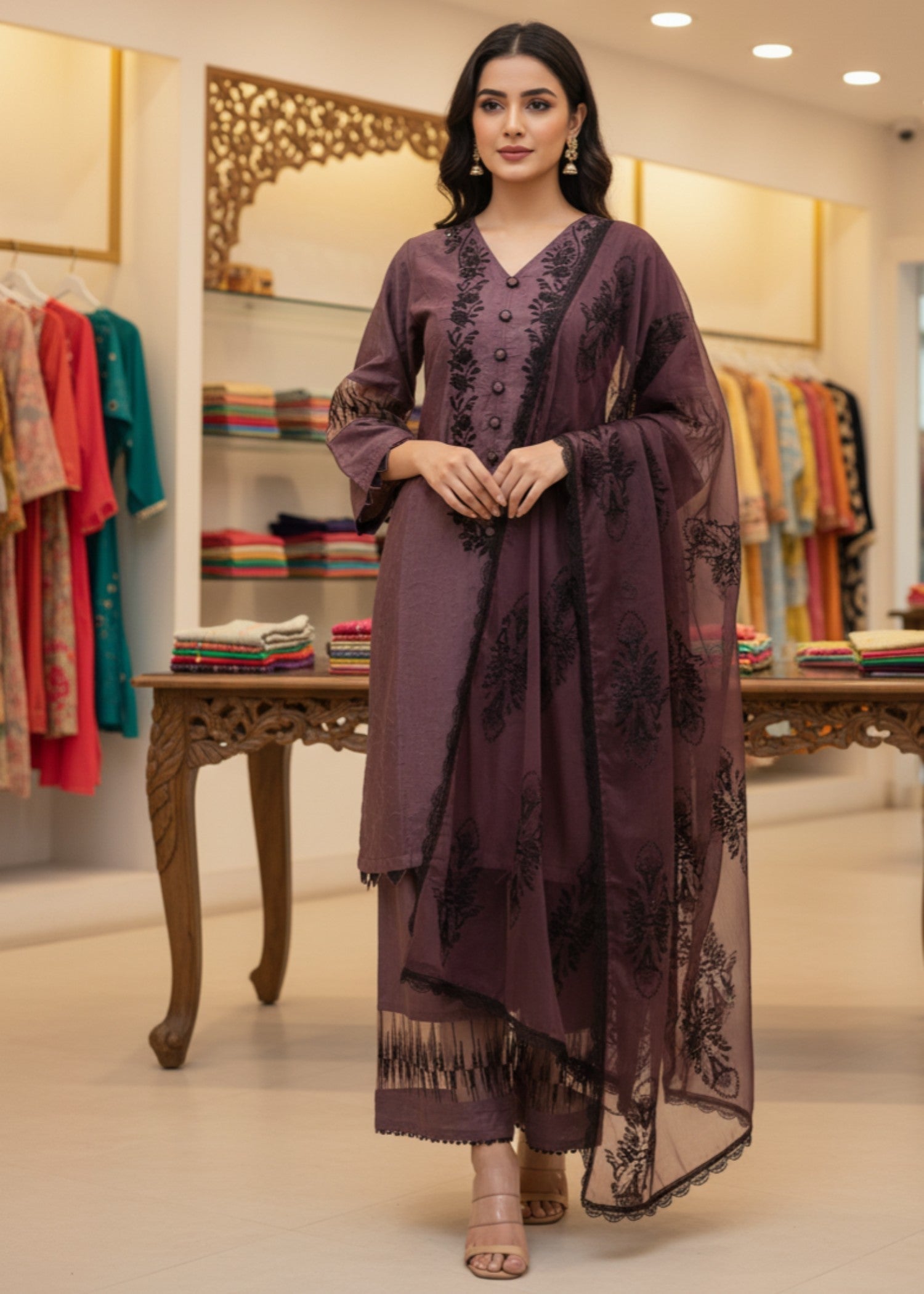 MMG Garments MEHERBANO| POLY VISCOSE CHIKANKARI EMBROIDERED SUIT MAUVE MMG 973 Women 3pcs