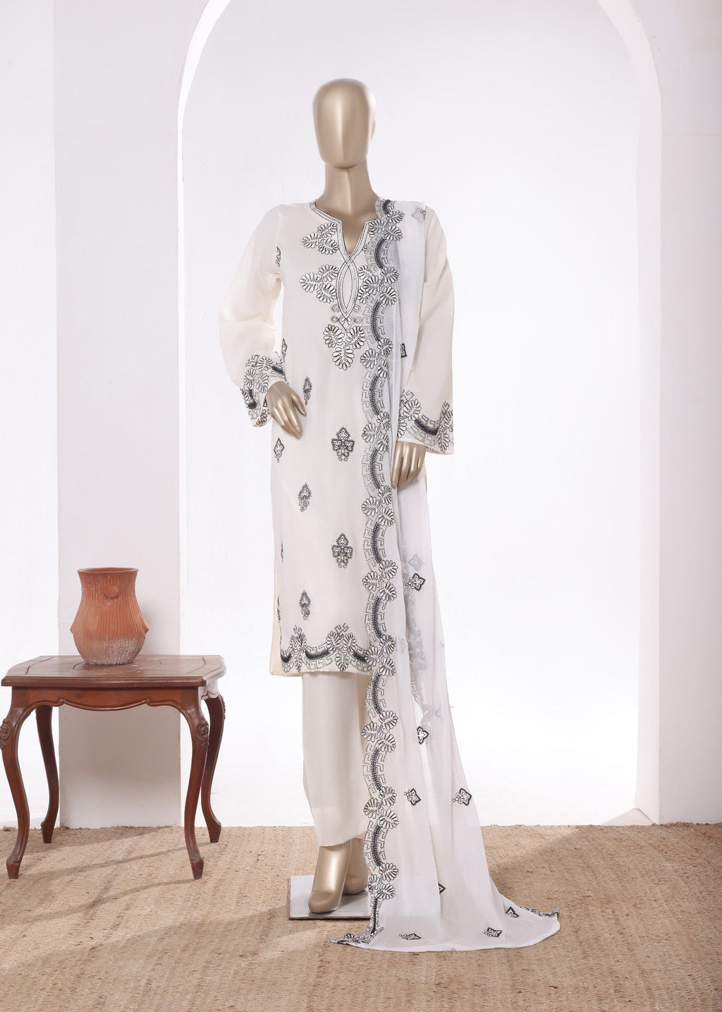 Khombi Centipede BZ 195 Off White Cotton Embroidered Dress Women 3pcs