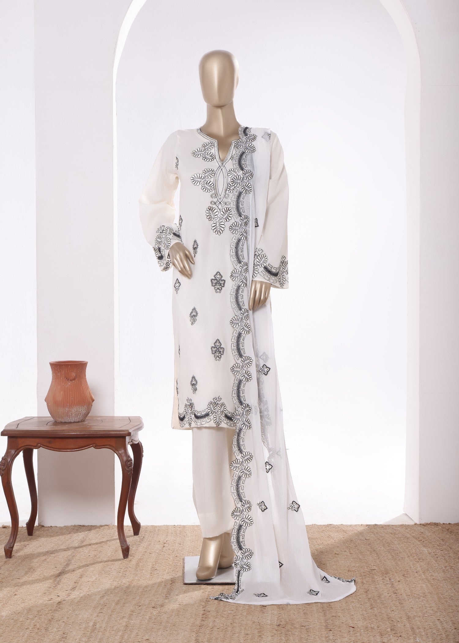 Khombi Centipede BZ 195 Off White Cotton Embroidered Dress Women 3pcs