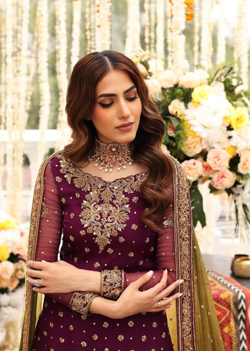Suits By Sadia Gharara plum chiffon Women 3pcs