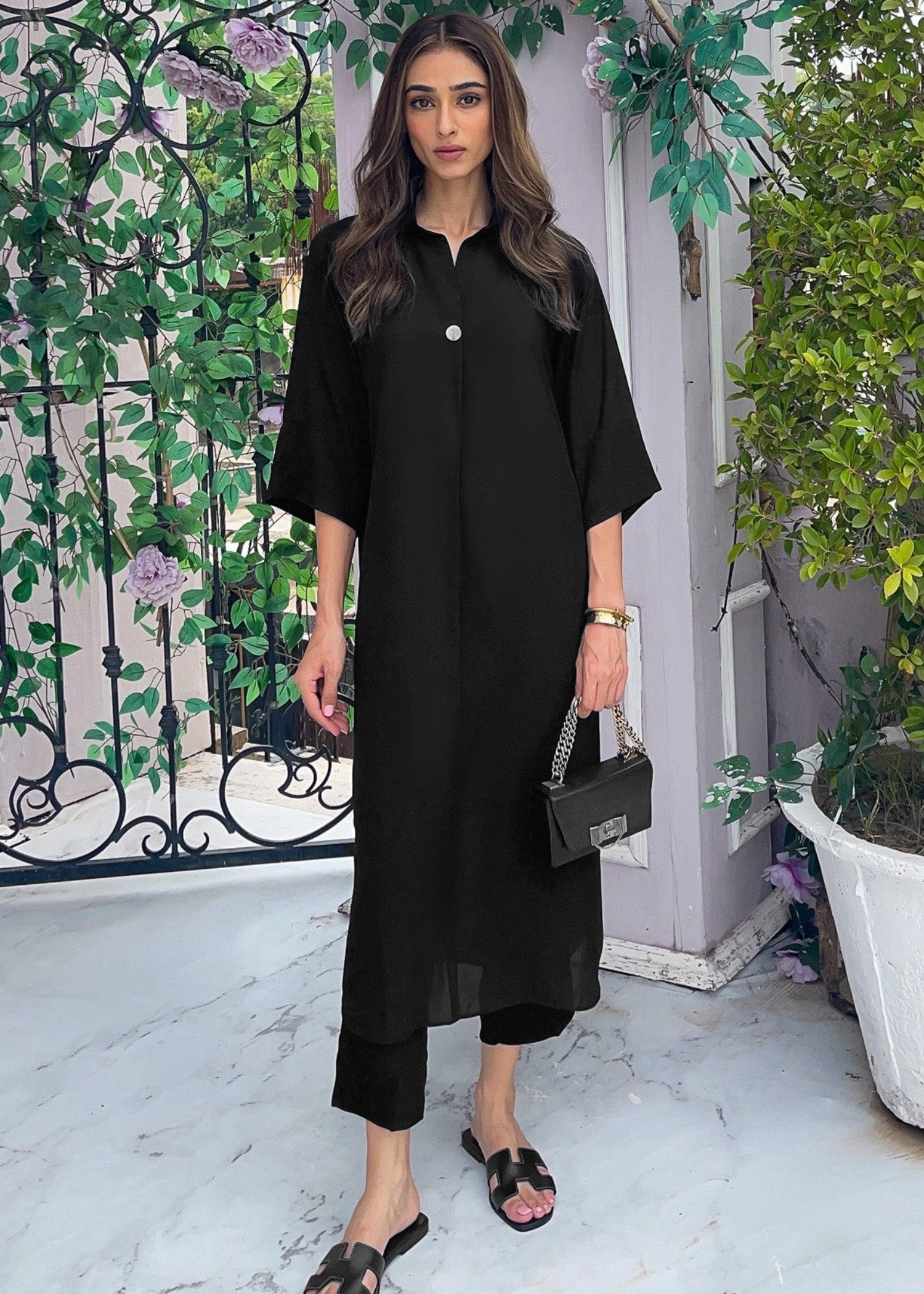 Peach Republic Elegant Black Crepe Dress Women 2pcs