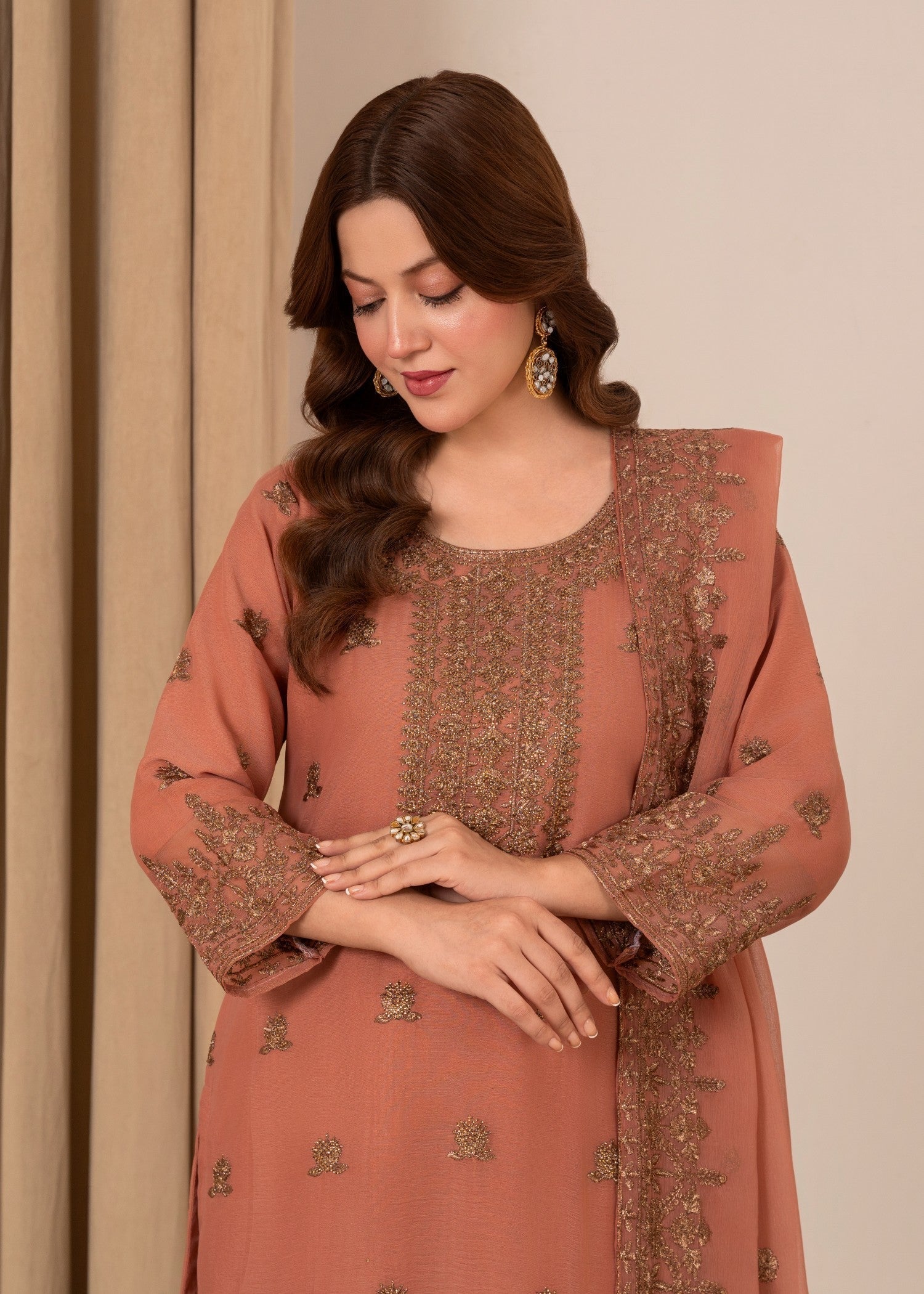 Four Season Boutique YUMNA PLAZZO PEACH PINK Women 3pcs