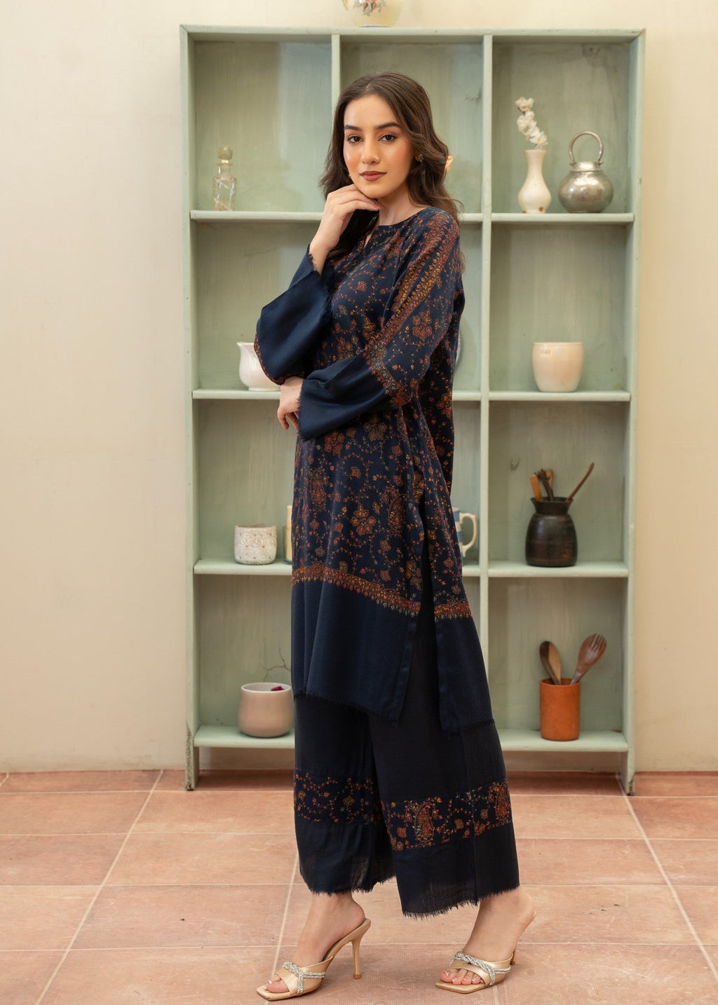 Naaz Couture Pashmina Wool Embroidered Coord Set Navy Blue Women 2pcs