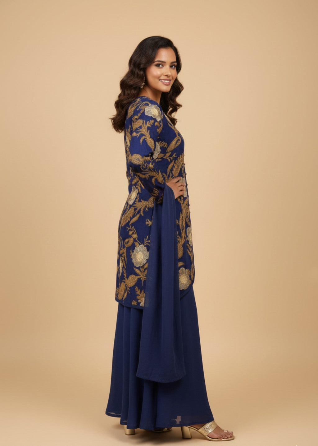 MMG Garments INDO WESTERN EMBROIDERED KURTA SET NAVY BLUE MMG Women 4pcs