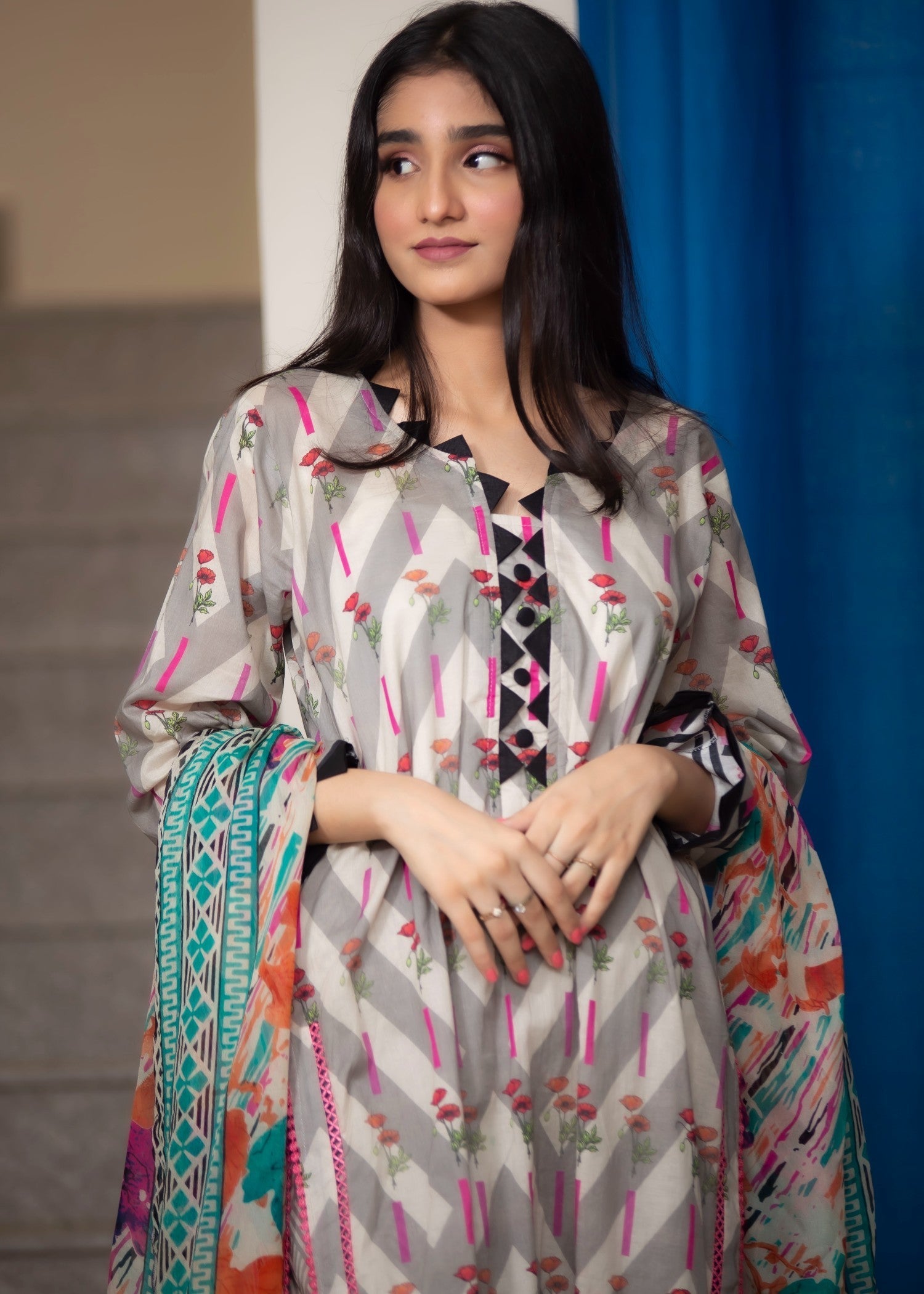 Hayati Collections Lawn | with Chiffon Dupatta | Grey Women 3pcs