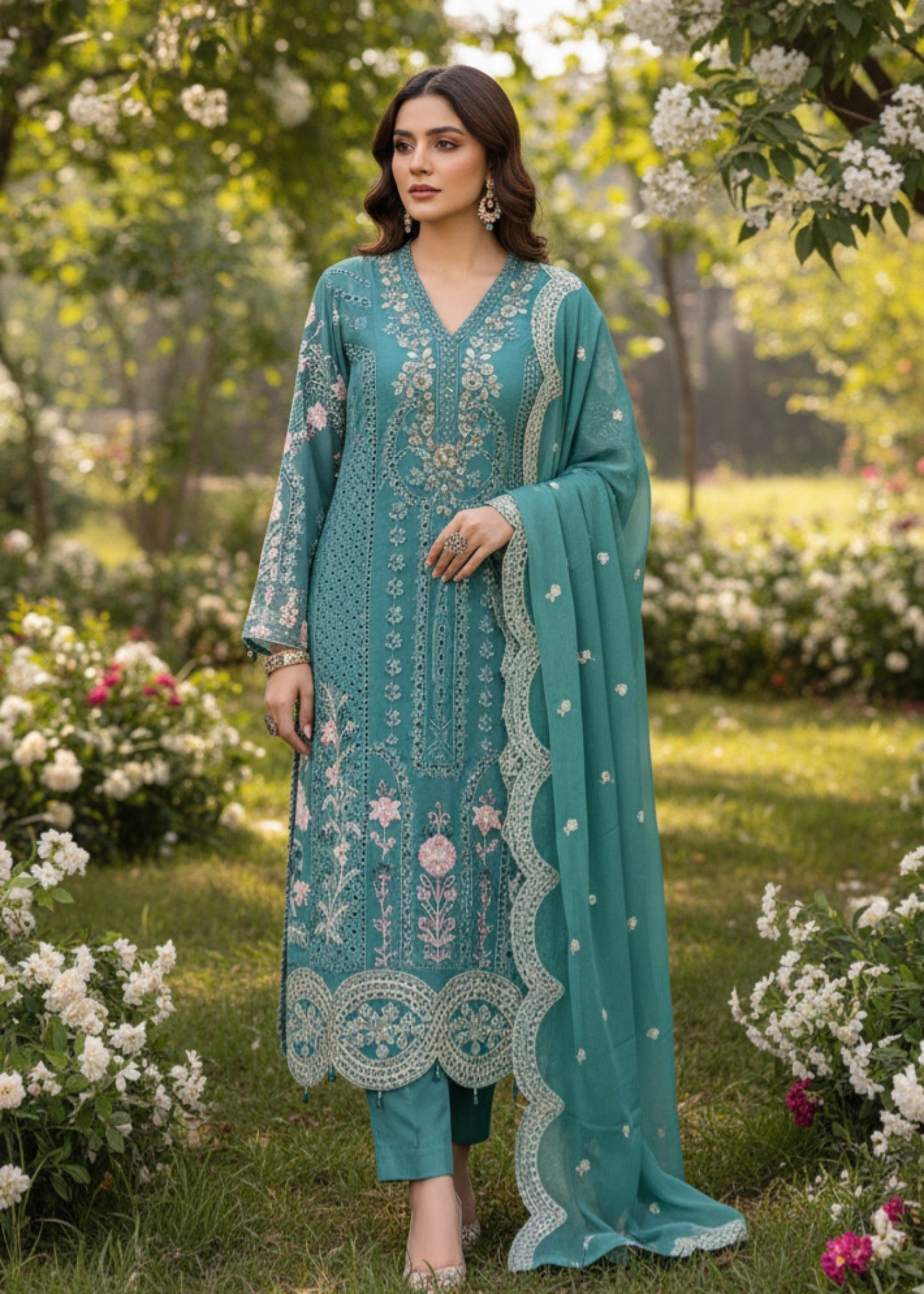 Pehnawa By Bin Akram’s Teal Glory | Chiffon Kurta Set Women 3pcs