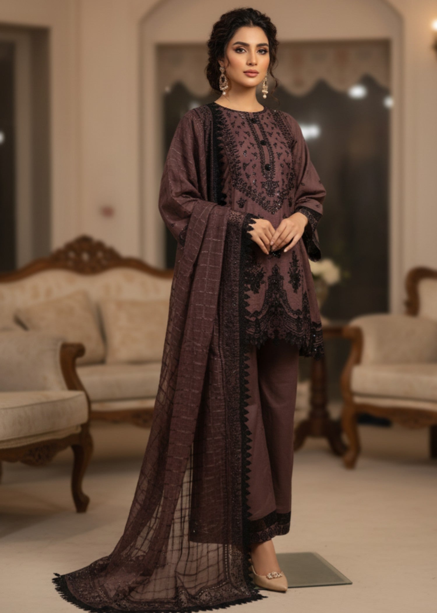 MMG Garments SADA E NAZAKAT| PREMIUM COTTON KURTA SET BROWN MMG 982 Women 3pcs