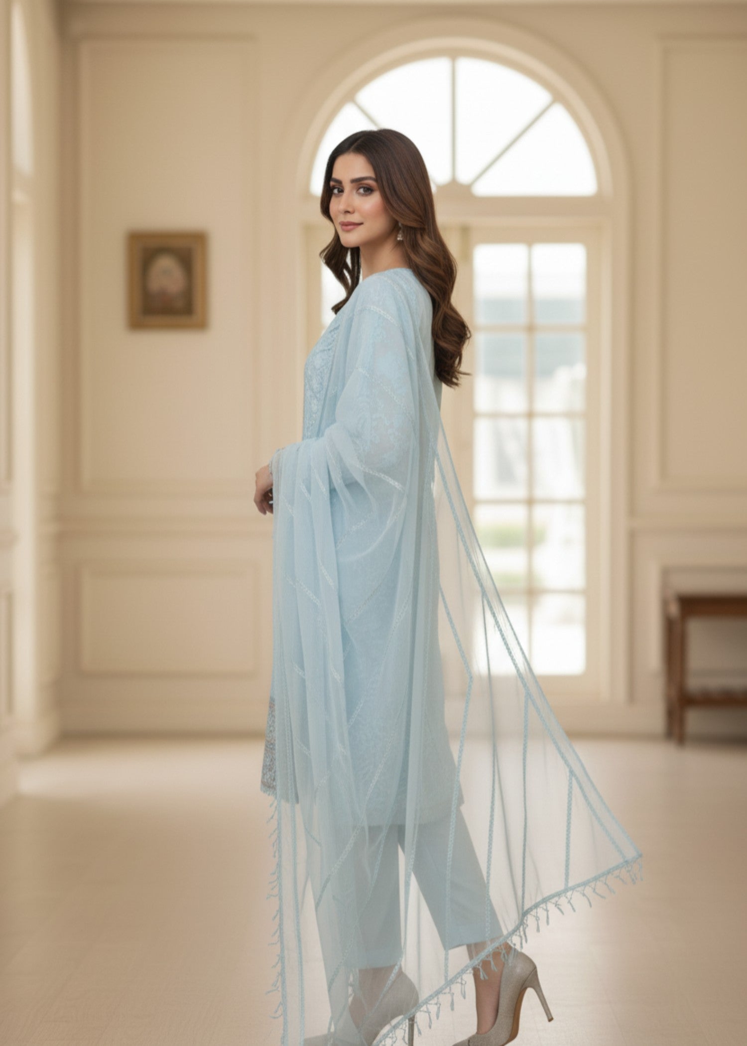 MMG Garments RUKHSAR| ORGANZA NET EMBROIDERED KURTA SET ICE BLUE MMG 1074 Women 3pcs