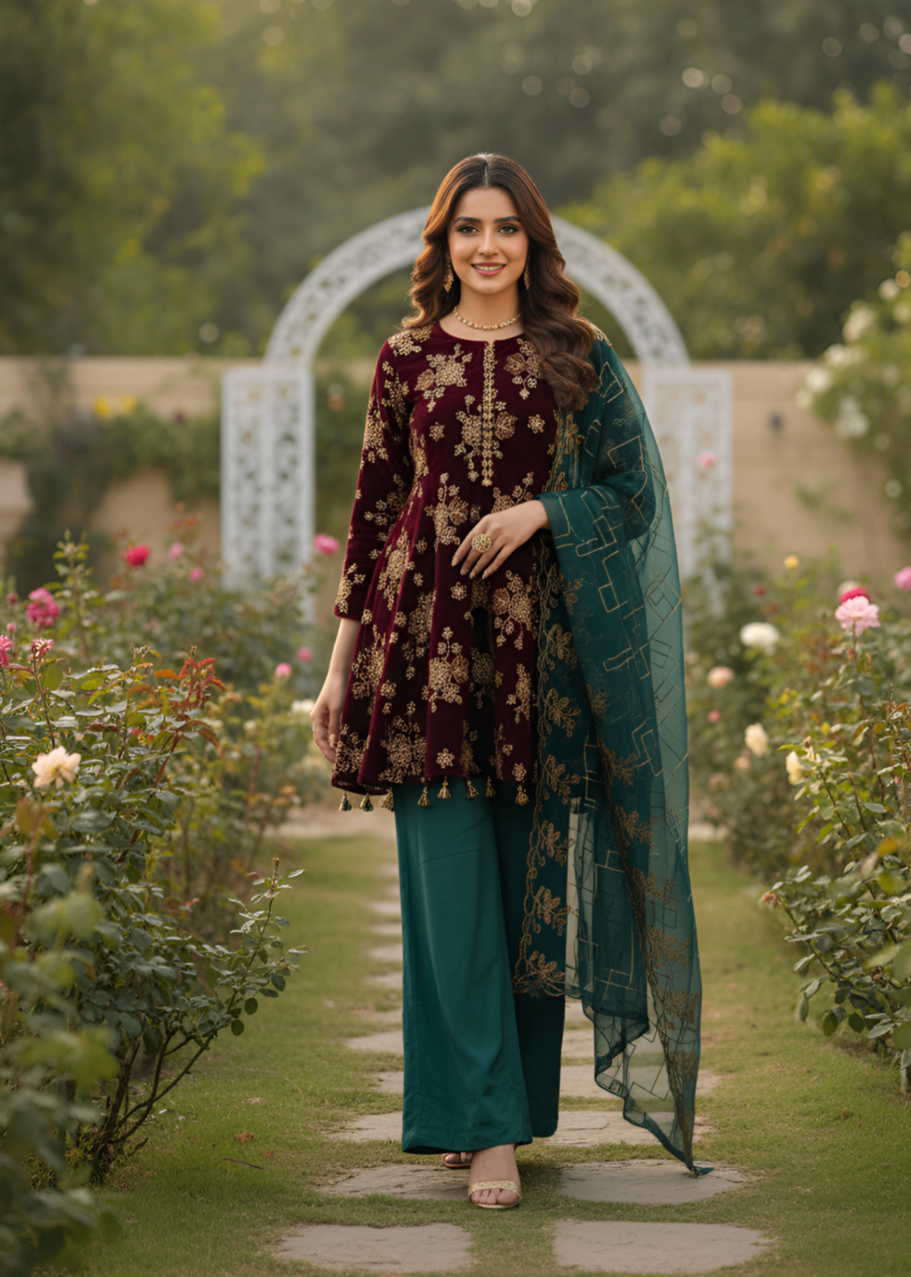 MMG Garments SHEHNAI|VELVET EMBROIDERED D FROCK MAROON Women 3pcs