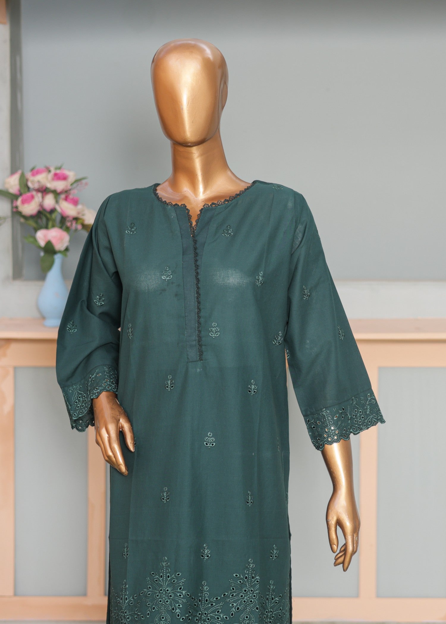 Suntex Fabrics CO ORDS Green Chikan Kari Women 2pcs