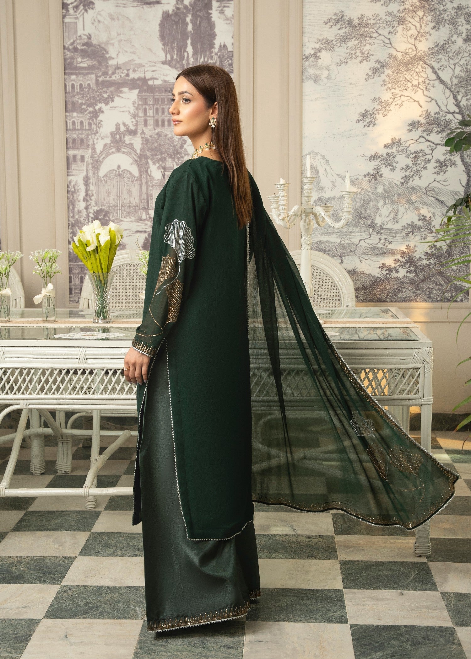 Maira Fashion Green Studded RhineStone Kurta Set Women 4pcs