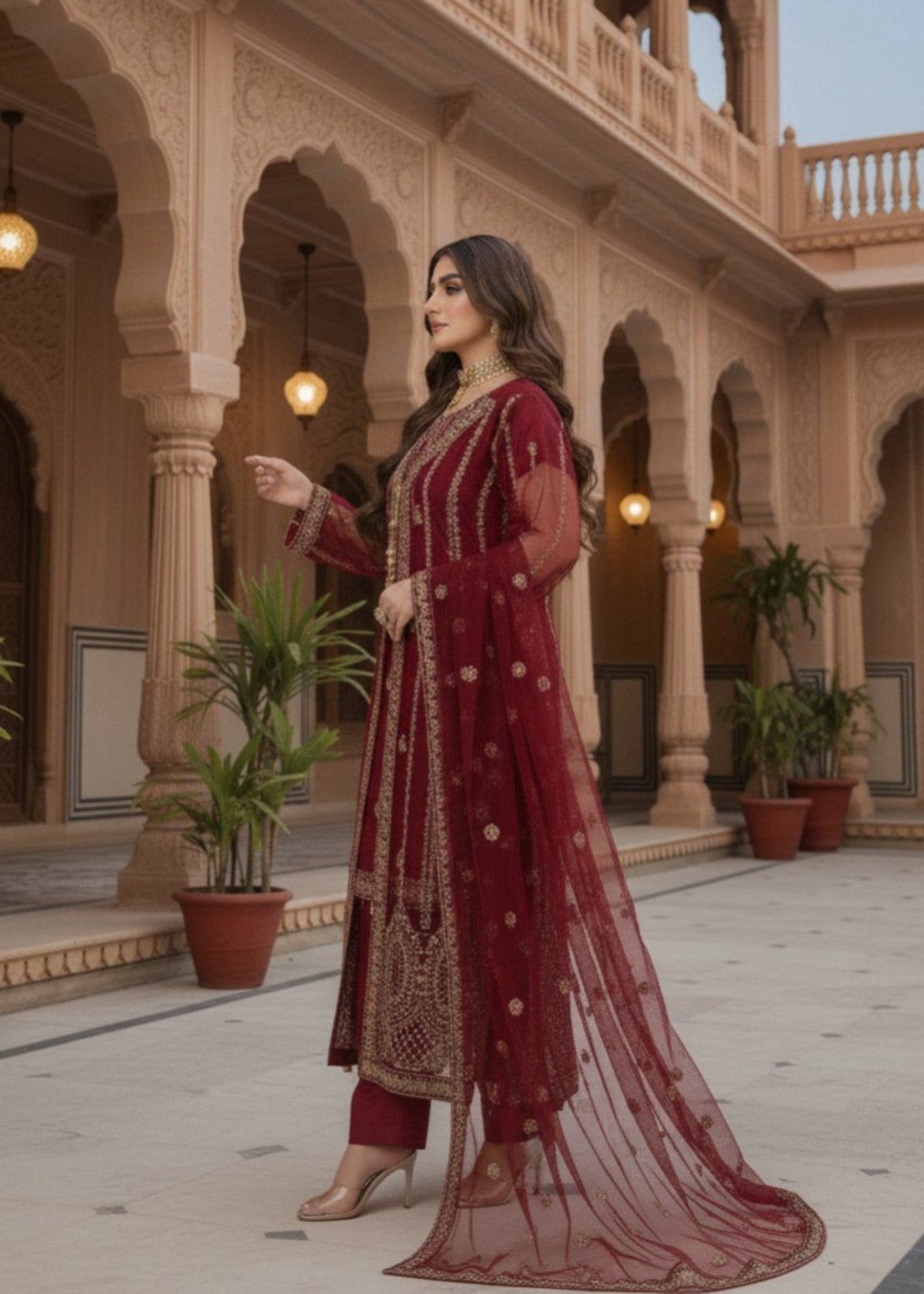 Pehnawa By Bin Akram’s Red Elegance | Net Maxi Women 4pcs