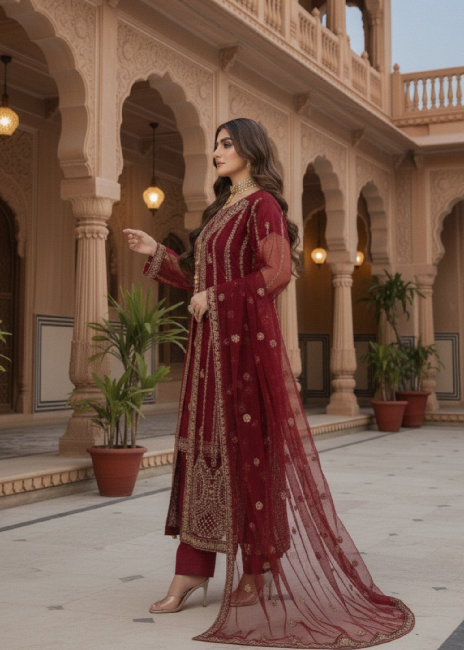 Pehnawa By Bin Akram’s Red Elegance | Net Maxi Women 4pcs