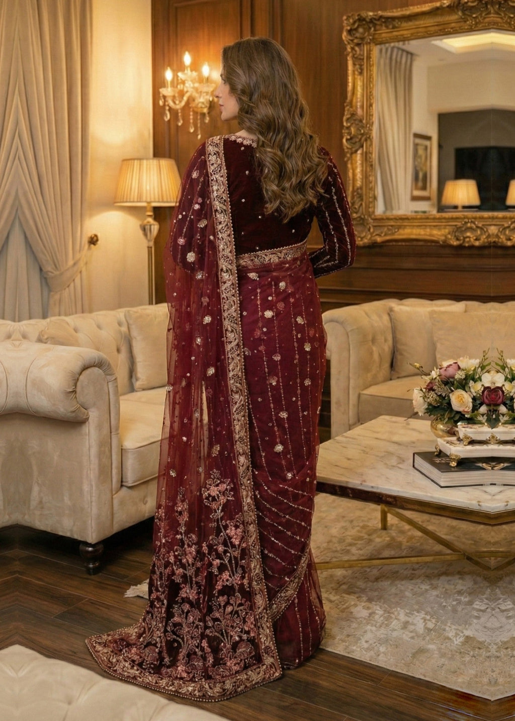 Diara Couture VELVET SAREE V 03 PLUM Women 2pcs