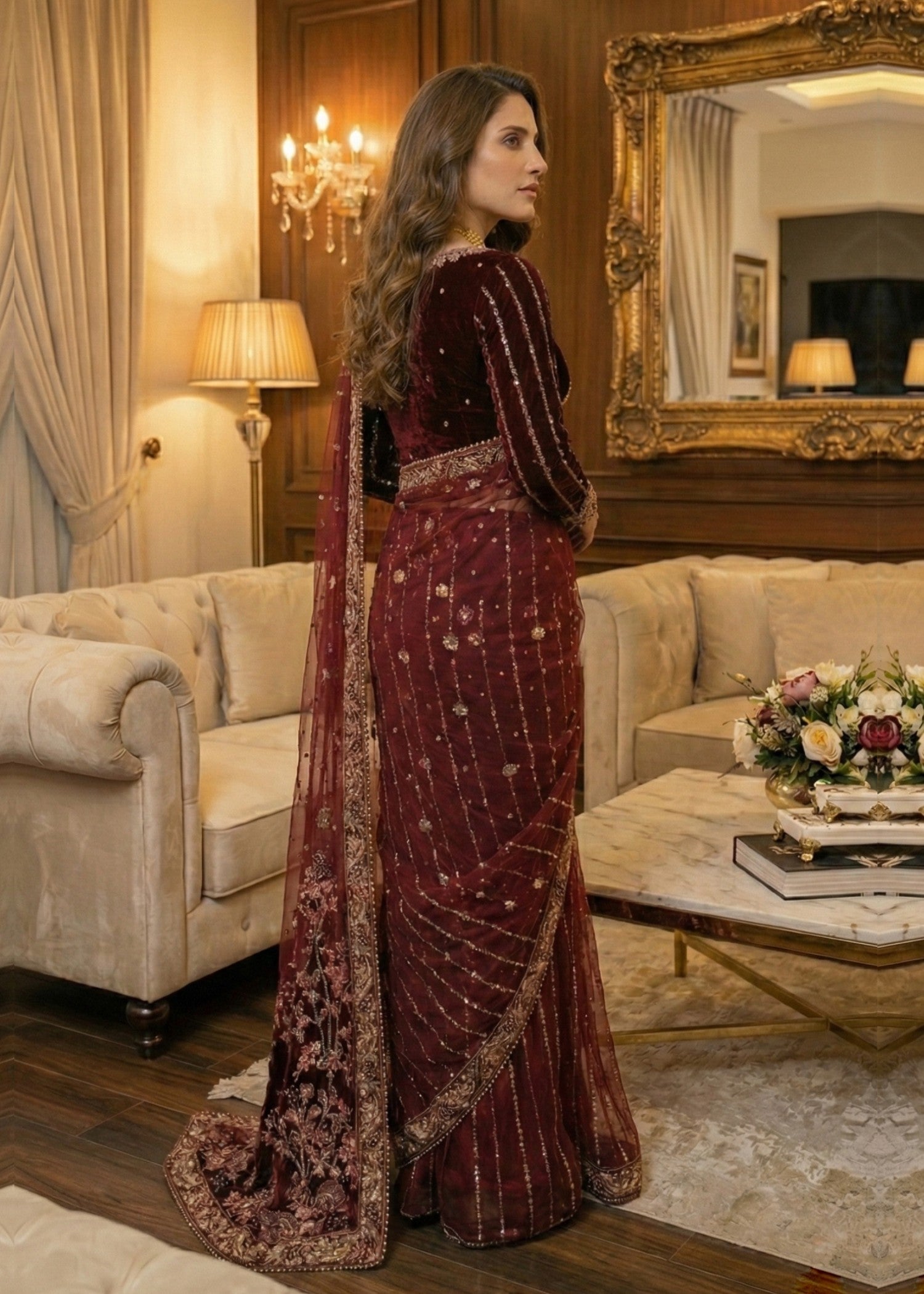 Diara Couture VELVET SAREE V 03 PLUM Women 2pcs