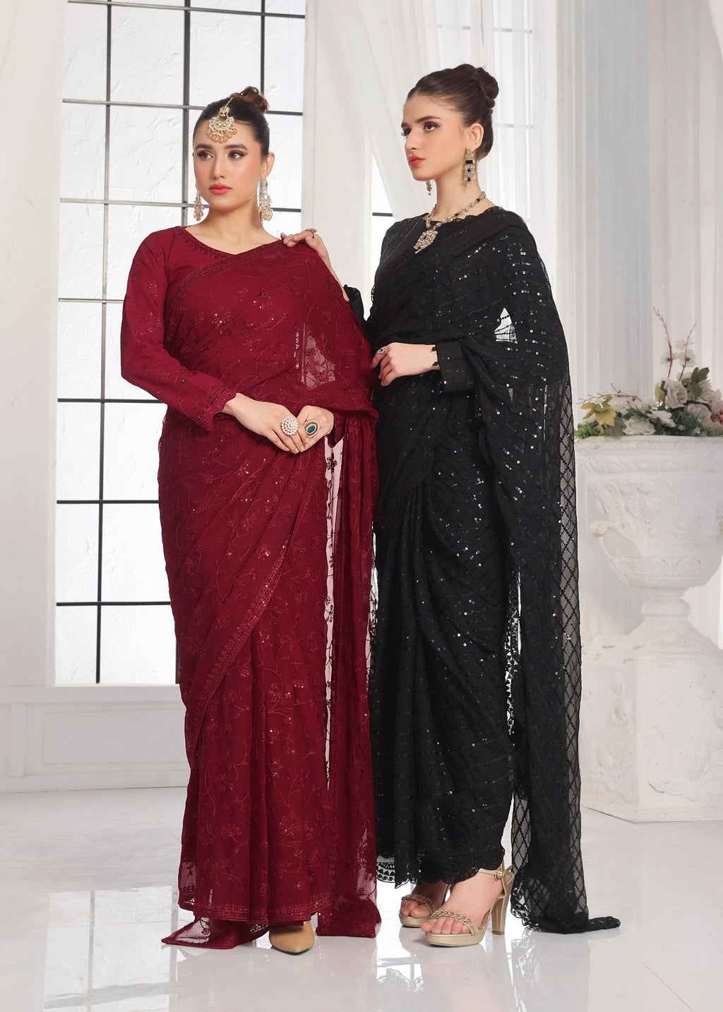 Luxeurs Maroon Chiffon Stitched Saree Women 3pcs