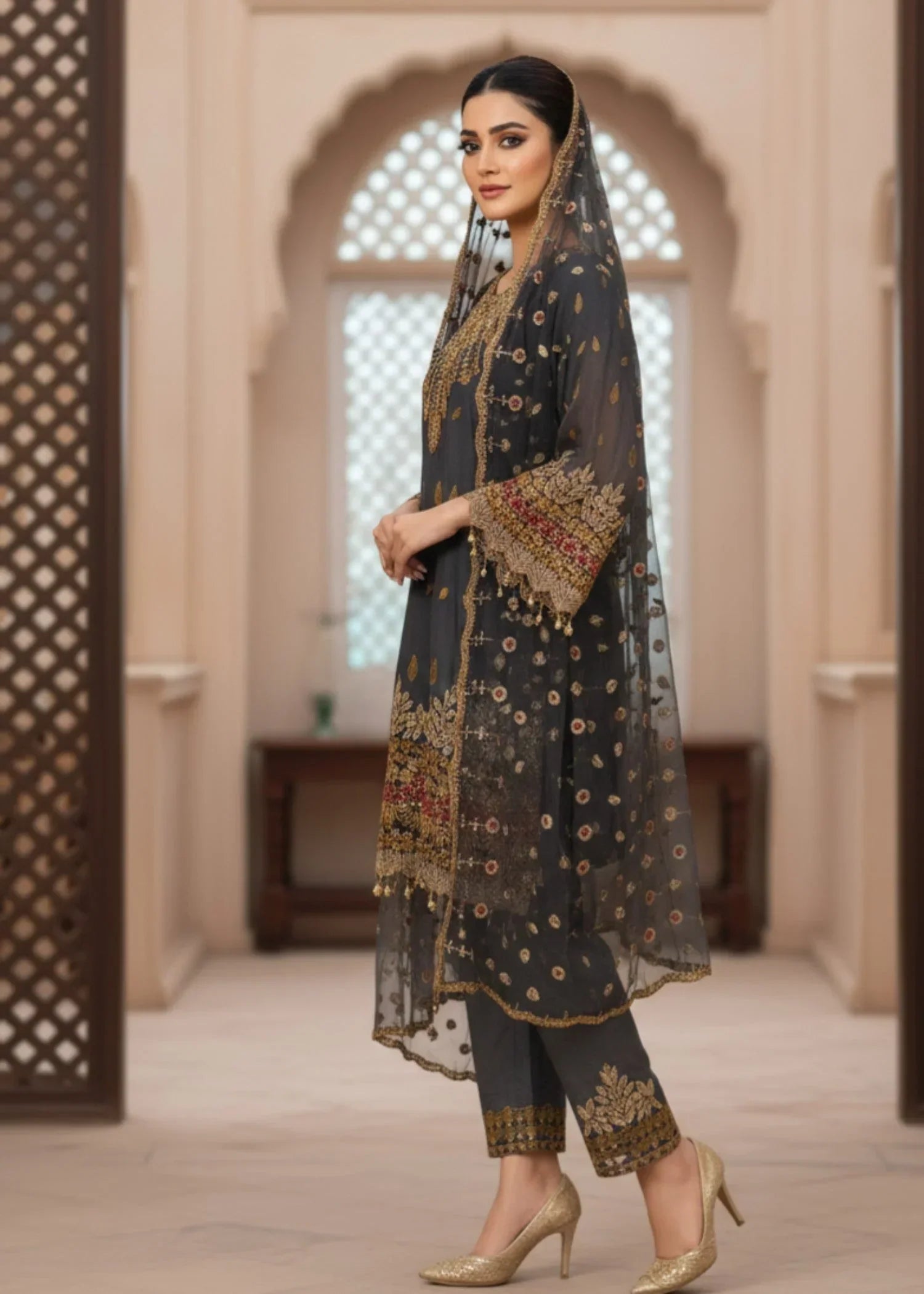 MMG Garments ANCHAL CLASSICAL CHIFFON EMBROIDERED FROCK DARK GREY MMG 893 Women 3pcs