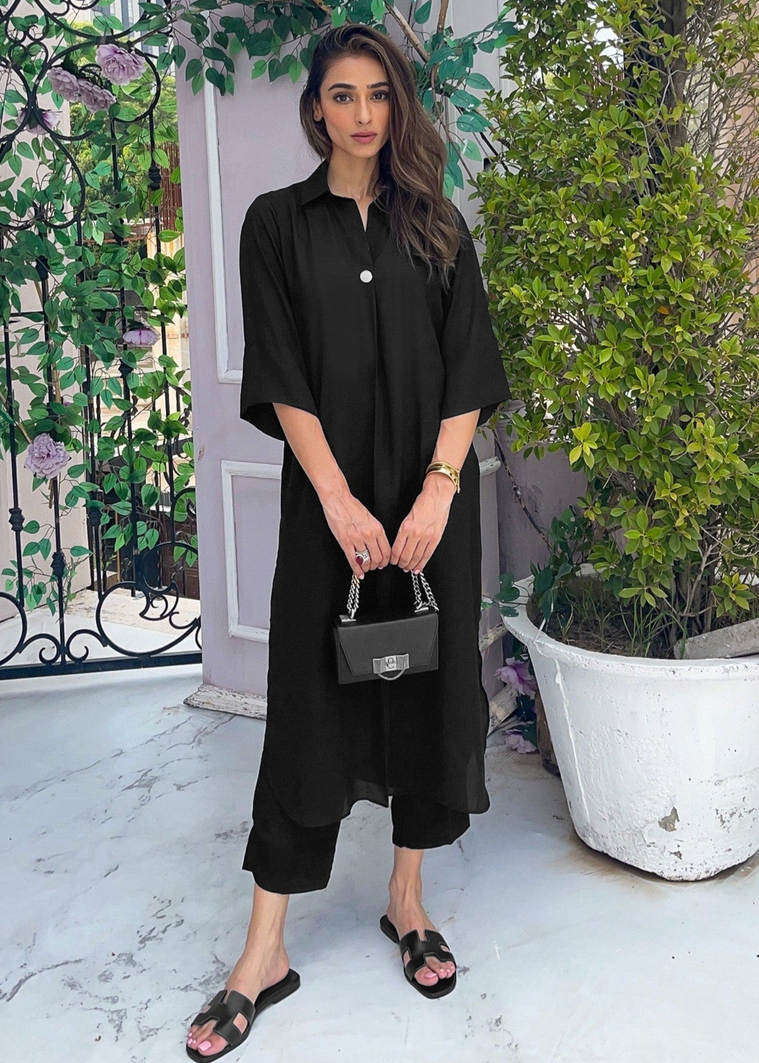 Peach Republic Elegant Black Crepe Dress Women 2pcs