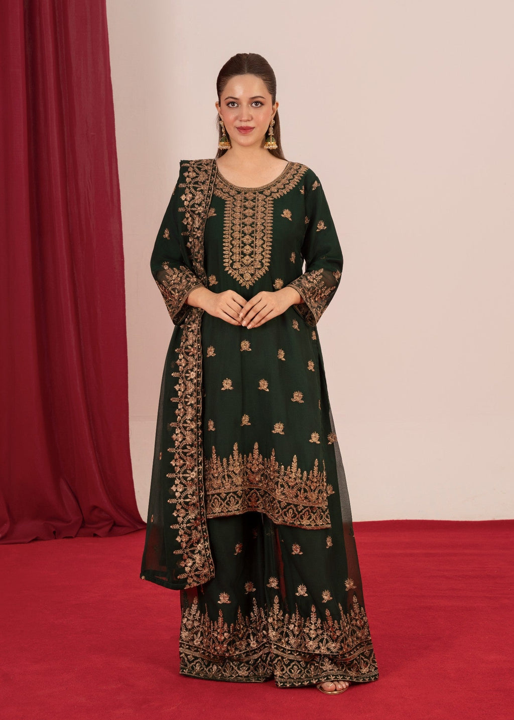 Four Season Boutique YUMNA PLAZZO BOTTLE GREEN Women 3pcs