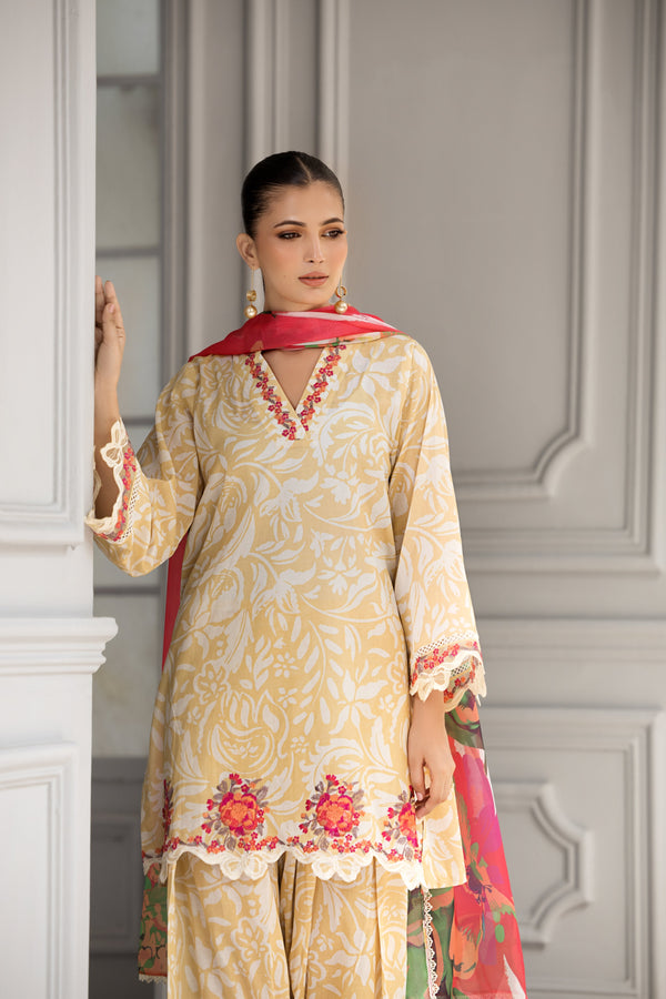 Afiay Clothing Rung Bahar – Embroidered Lawn Suit with Farshi Shalwar & Silk Dupatta Women 3pcs