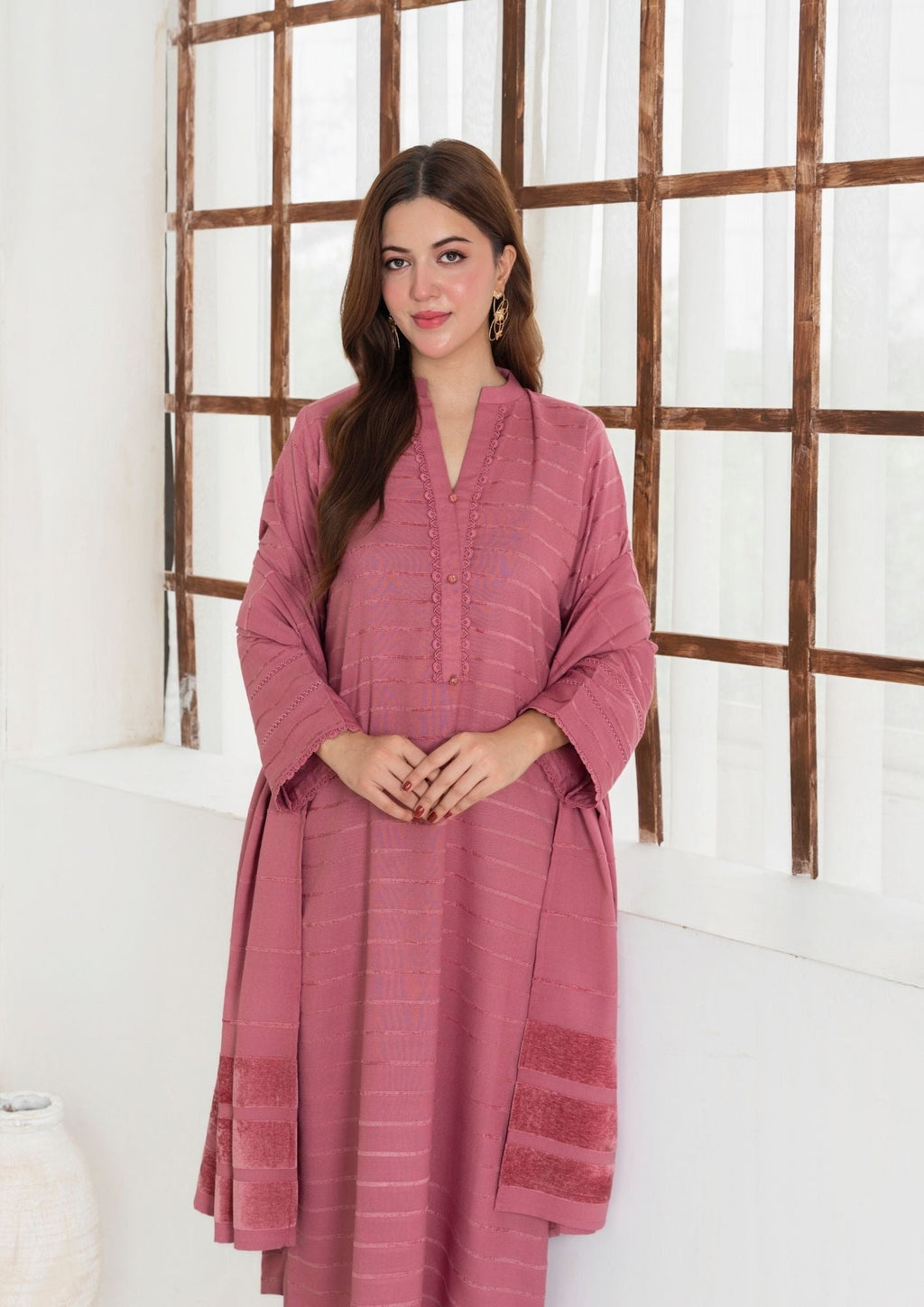 Yolo Pret Alpine Velvet Shirt with Velvet Border Shawl and Plain Trouser AML W25 0012 Women 3pcs