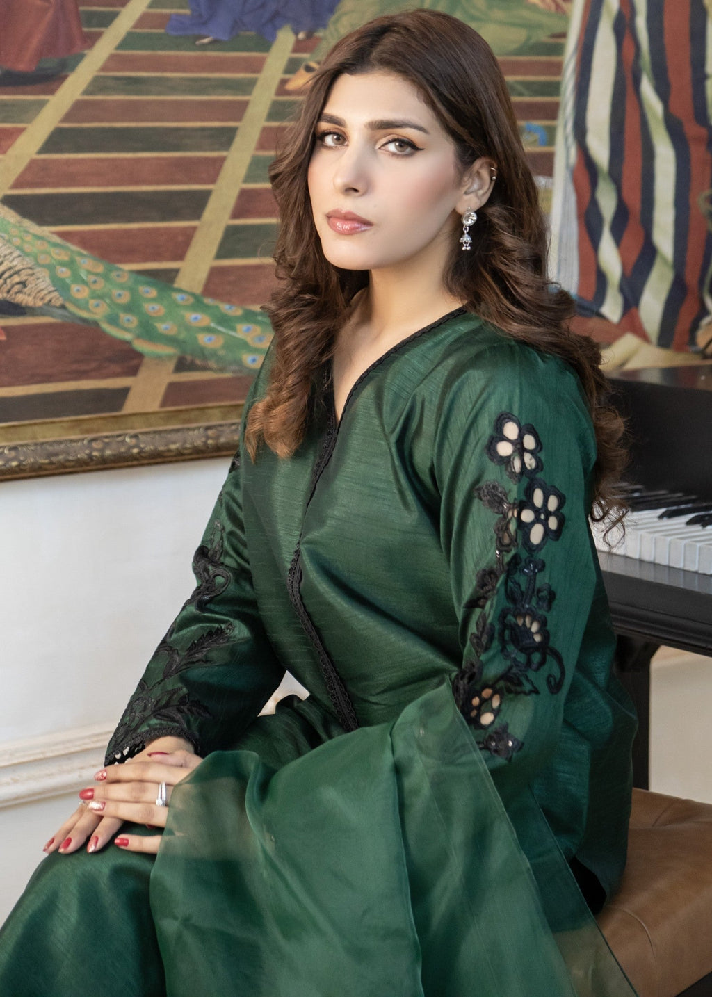 Naaz Couture Bottle Green Embroidered Raw Silk Suit Women 3pcs