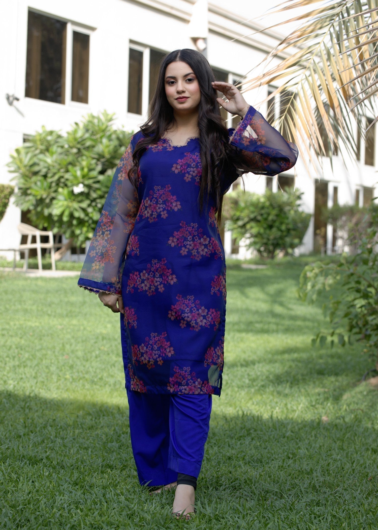 Hayati Collections Organza Printed Suit | Dark Blue Women 2pcs