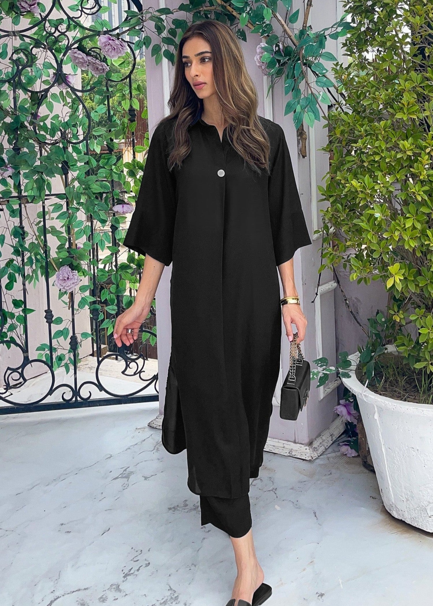 Peach Republic Elegant Black Crepe Dress Women 2pcs