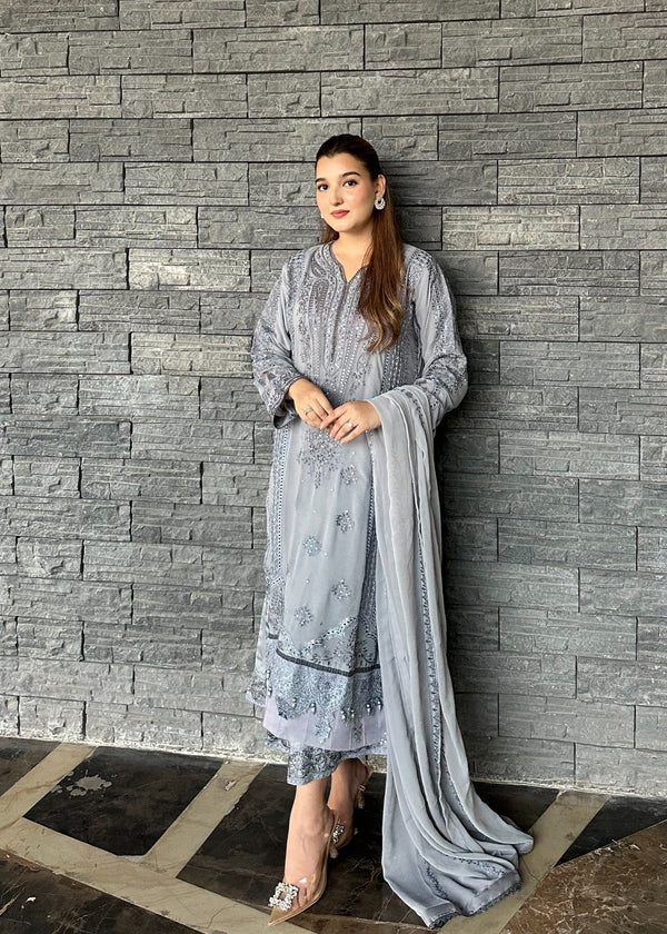 Pehnawa By Bin Akram’s Grey Mist Pret | Chiffon Kurta set Women 3pcs