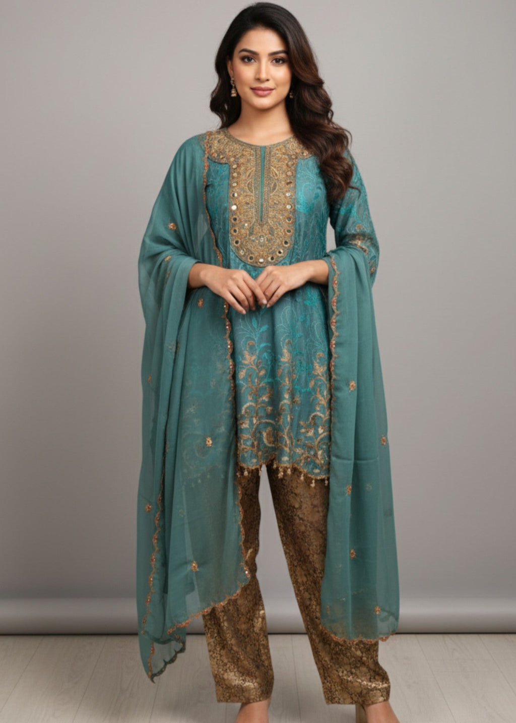 MMG Garments AMIRA| CHIFFON EMBROIDERED FROCK PACIFIC BLUE MMG 844 Women 3pcs